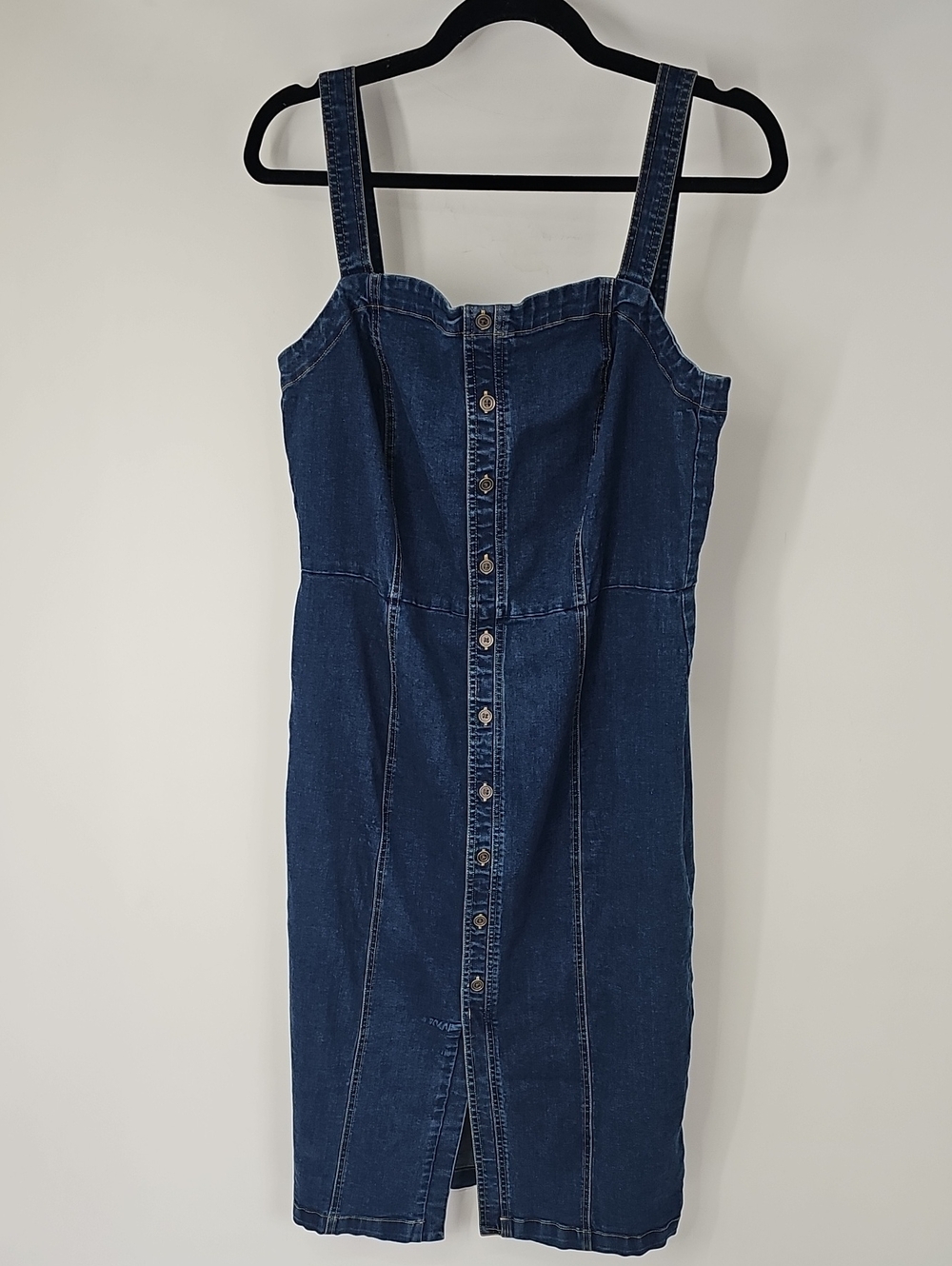 Tracy Reese Denim Blue Jean Jumper Midi Dress Faux Button Front Bodycon Sz:12